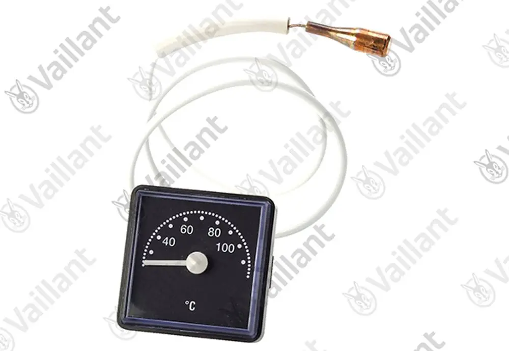 Vaillant Thermometer mit einem Skalenbereich von 0 bis 100 °C, ausgestattet mit Anschlusskabel und Steckverbindung.